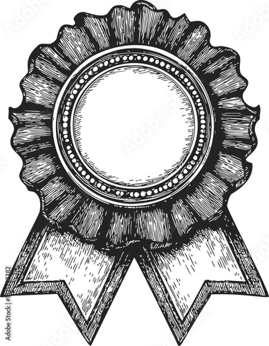 Prize ribbon, hand drawn sketch with rosette medallion and trailing ribbons. Vector illustration