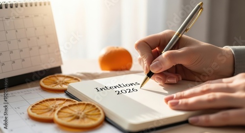 Person writing intentions for 2026 in notebook