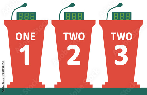 Three podiums stand side-by-side, each equipped with a microphone and a digital display showing scores.