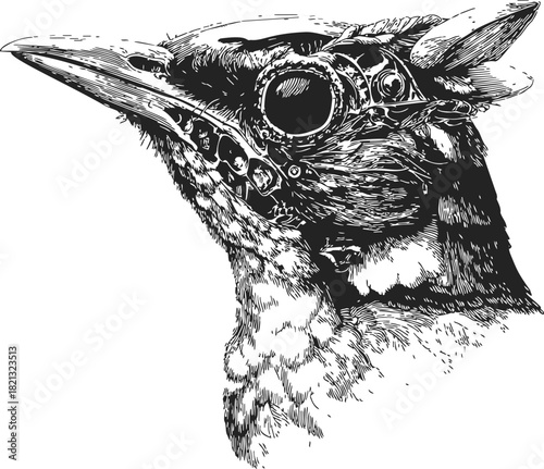 Mechanical bird head sketch, hand drawn steampunk style with intricate gears and feathers. Vector illustration