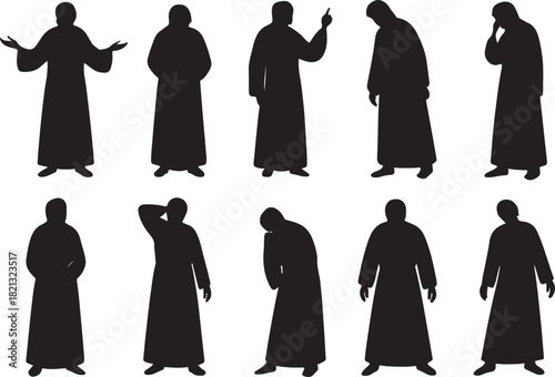 Monk silhouettes in various poses, isolated on white background, representing contemplation