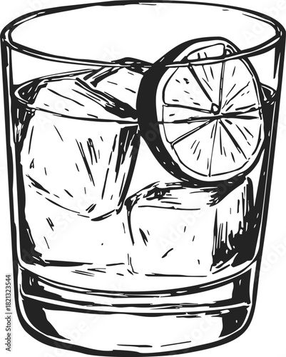 Cocktail glass with ice cubes and lemon slice, hand drawn sketch style. Vector illustration