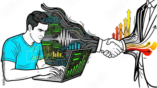 Entrepreneur Working with Data Flow and Partners Sealing a Deal with Rising Arrow Symbol, Colorful Minimal Art