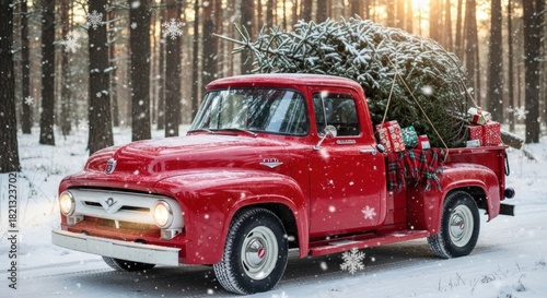 Red pickup truck with Christmas tree and gifts
