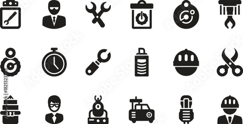 Mechanical and Engineering Industry Black Vector Icons Isolated on White Background