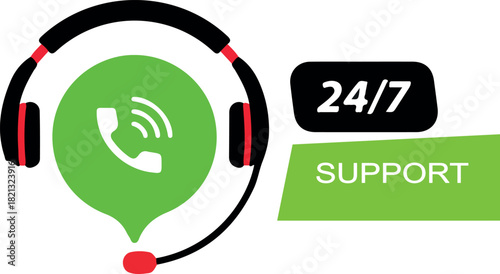 24/7 Customer Support and Service Icon with Headset and Phone