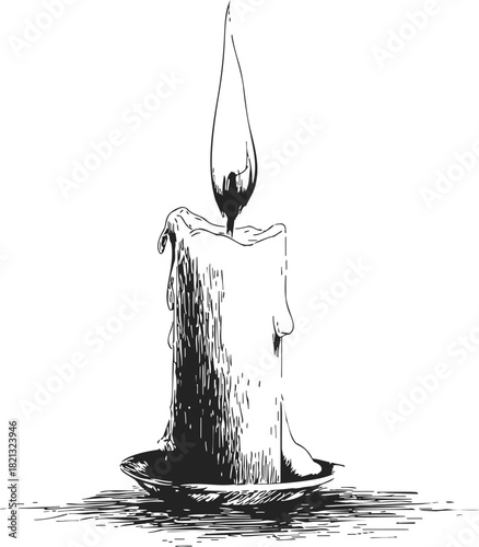 Burning candle sketch hand drawn with melting wax on plate. Vector illustration
