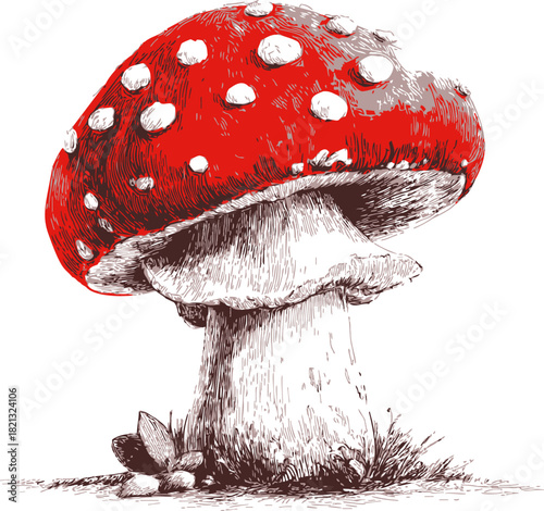 Wallpaper Mural Red mushroom sketch hand drawn with white spots and grass base. Vector illustration Torontodigital.ca