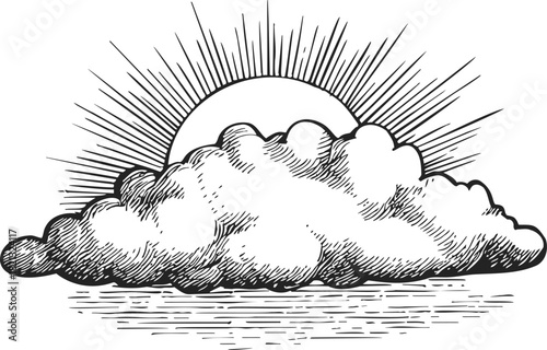 Wallpaper Mural Sun partially hidden behind cloud, sketch hand drawn style, sunrise scene over water. Vector illustration Torontodigital.ca