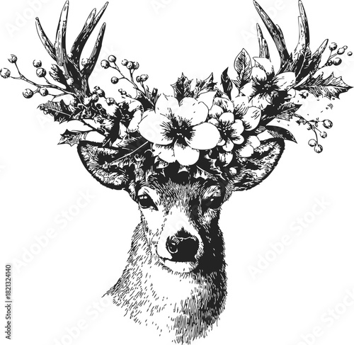 Deer head sketch with floral antlers, hand drawn botanical flowers and leaves. Vector illustration