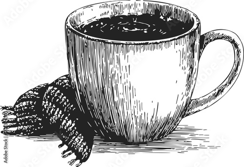 Coffee cup sketch hand drawn with scarf, cozy hot drink scene. Vector illustration