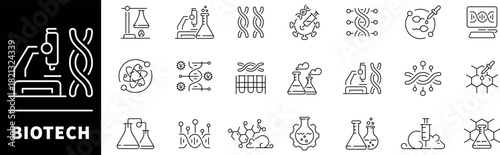 Biotech vector icons collection. Thin line icons related to Biotechnology and genetic engineering. Biotechnology and DNA vector icons in line style