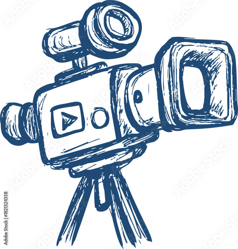Vintage camcorder sketch hand drawn on tripod with play button detail. Vector illustration