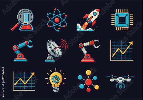 Science and Technology Icons Set Lab, Atom, Rocket, Chip, Robot, Antenna, Chart