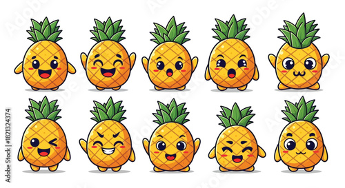 Adorable Kawaii Pineapple Cartoon Characters Set