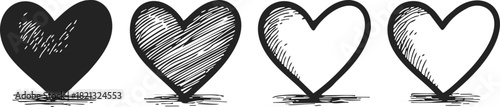 Heart icons sketch hand drawn set with different fill levels. Vector illustration