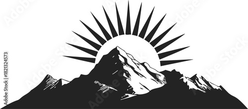 Mountain silhouette sketch with sunburst rays in hand drawn style. Vector illustration