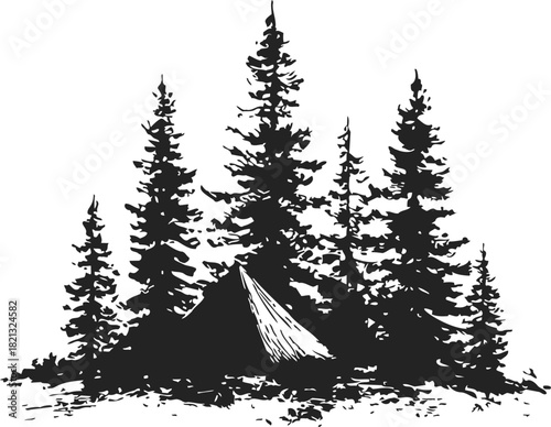 Pine trees sketch with tent in forest camping scene. Vector illustration