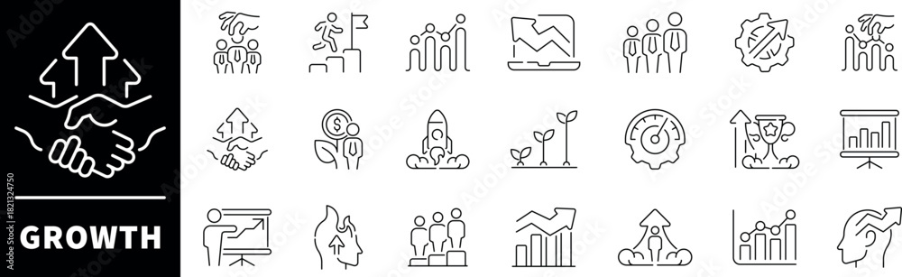 Obraz premium Growth vector icons collection. Thin line icons related to growth and success. Growth vector icons in line style