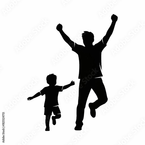 Father and son celebrating success with arms raised in joy.