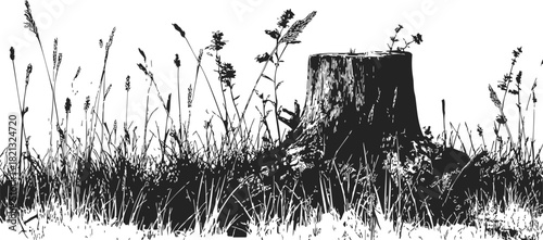 Tree stump sketch hand drawn in tall grass and wildflowers. Vector illustration