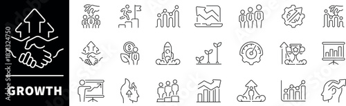 Growth vector icons collection. Thin line icons related to growth and success. Growth vector icons in line style