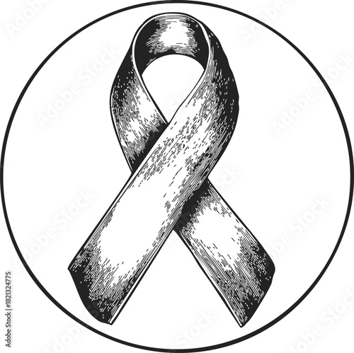 Awareness ribbon sketch, hand drawn style, monochrome symbol inside circle. Vector illustration