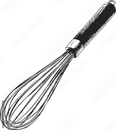 Whisk hand drawn sketch, classic kitchen utensil with wire loops and textured handle. Vector illustration