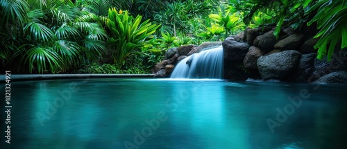 Lush Tropical Oasis with Cascading Waterfall and Turquoise Pool