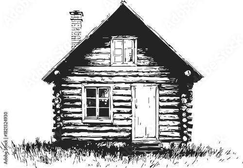 Log cabin sketch hand drawn rustic wooden house with chimney and grass. Vector illustration