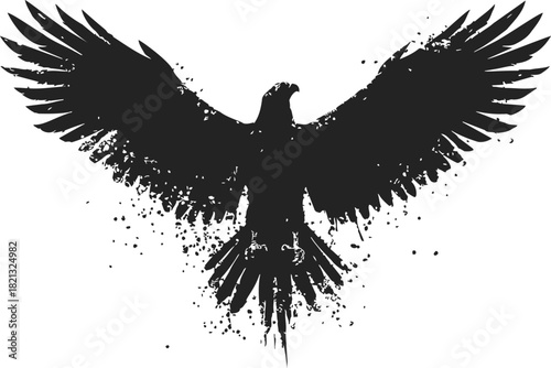 Black eagle sketch with wings spread, hand drawn ink splatter style. Vector illustration