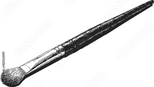 Makeup brush sketch, hand drawn style, detailed bristles and wooden handle. Vector illustration