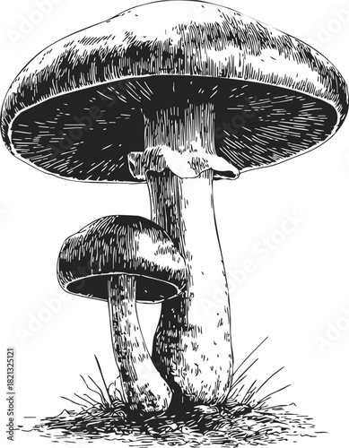 Mushrooms sketch hand drawn style with detailed caps and stems on ground. Vector illustration