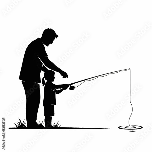 Father and daughter fishing together on a sunny day.