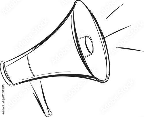 Megaphone sketch hand drawn style with sound lines on white background. Vector illustration