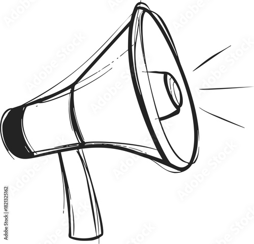 Megaphone sketch hand drawn style with sound lines on white background. Vector illustration