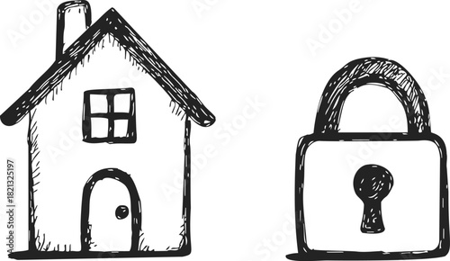 House and padlock sketch, hand drawn security and home protection concept. Vector illustration