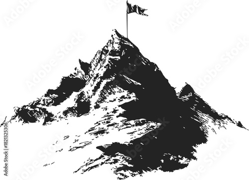 Mountain peak with flag sketch, hand drawn vector, rugged summit and rocky slopes. Vector illustration