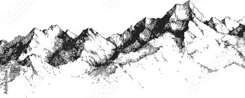 Mountain range sketch, hand drawn line art with rugged peaks and detailed shading. Vector illustration