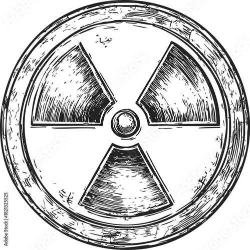 Radiation symbol sketch, hand drawn circular warning sign with textured details. Vector illustration