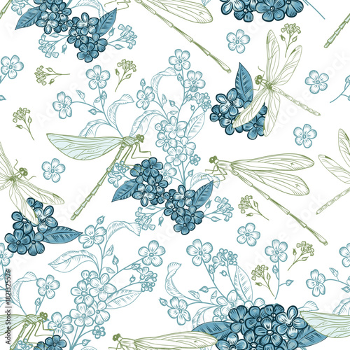 Fashion vector floral pattern with blue dragonflies and flowers, toile de jouy seamless print style