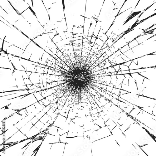 Broken glass sketch, hand drawn radial cracks and shattered pattern. Vector illustration