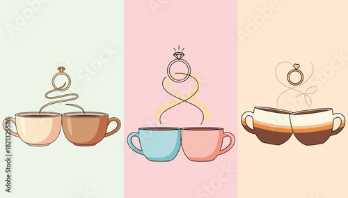 Vector Set of Coffee Cups with Intertwined Steam Forming Engagement Ring Symbolizing Couple's Love