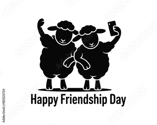 Two cute black sheep posing together for a smartphone selfie in a fun friendship celebration concept