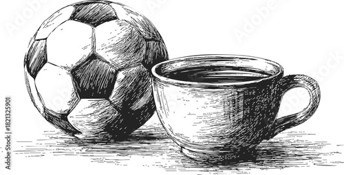 Soccer ball and coffee cup sketch, hand drawn style, detailed line art composition. Vector illustration