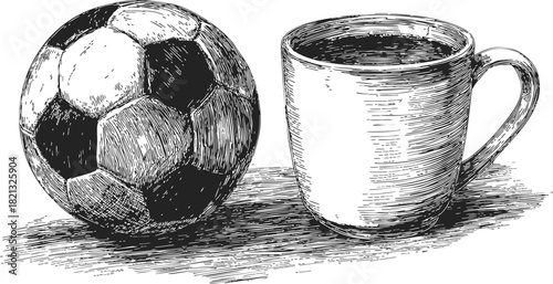 Soccer ball and coffee mug sketch, hand drawn style, detailed crosshatch shading. Vector illustration