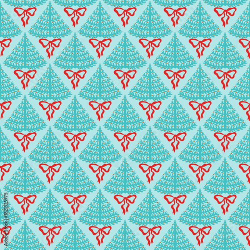 Retro Christmas fir tree preppy coquette bows winter holiday vintage seamless pattern wrap, textile
