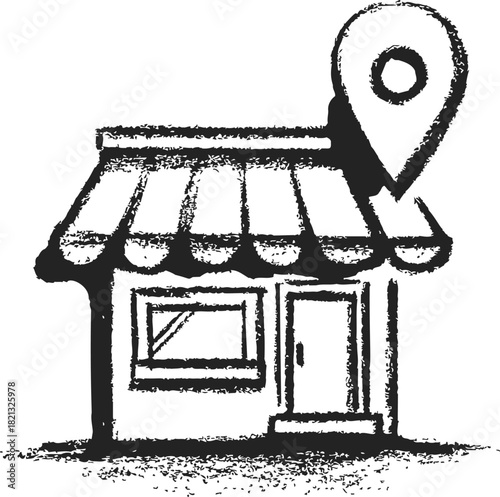 Store building with location pin, sketch hand drawn, storefront and map marker concept. Vector illustration