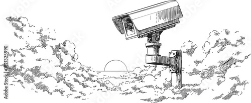 Security camera sketch, hand drawn style, mounted outdoors with sunset and clouds. Vector illustration