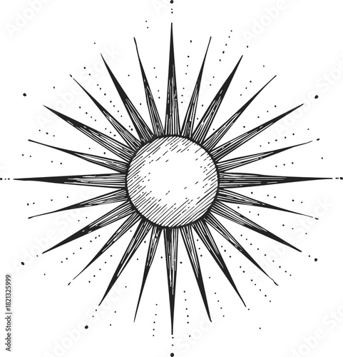 Sun sketch hand drawn with radiating rays and textured center. Vector illustration